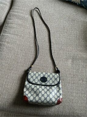 Gucci GG Canvas Crossbody with Black Trim and Burgundy Corner Accents